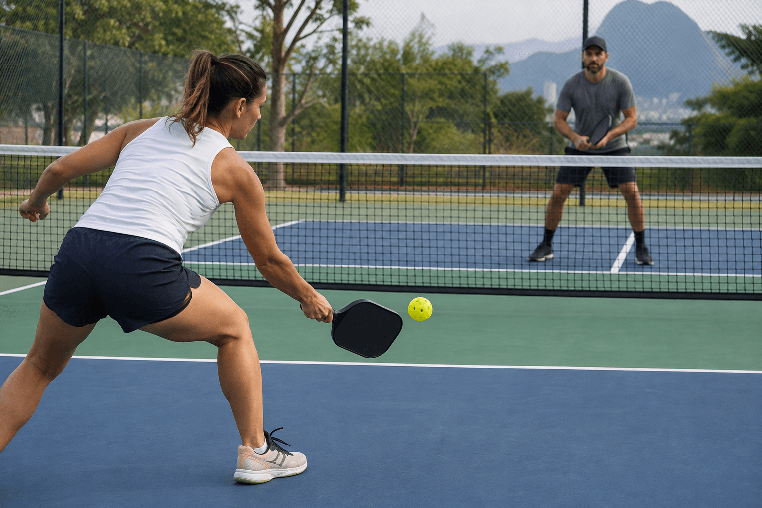 Jogadores recreativos de pickleball em uma quadra brasileira, próximos à linha da cozinha em uma partida durante o dia
