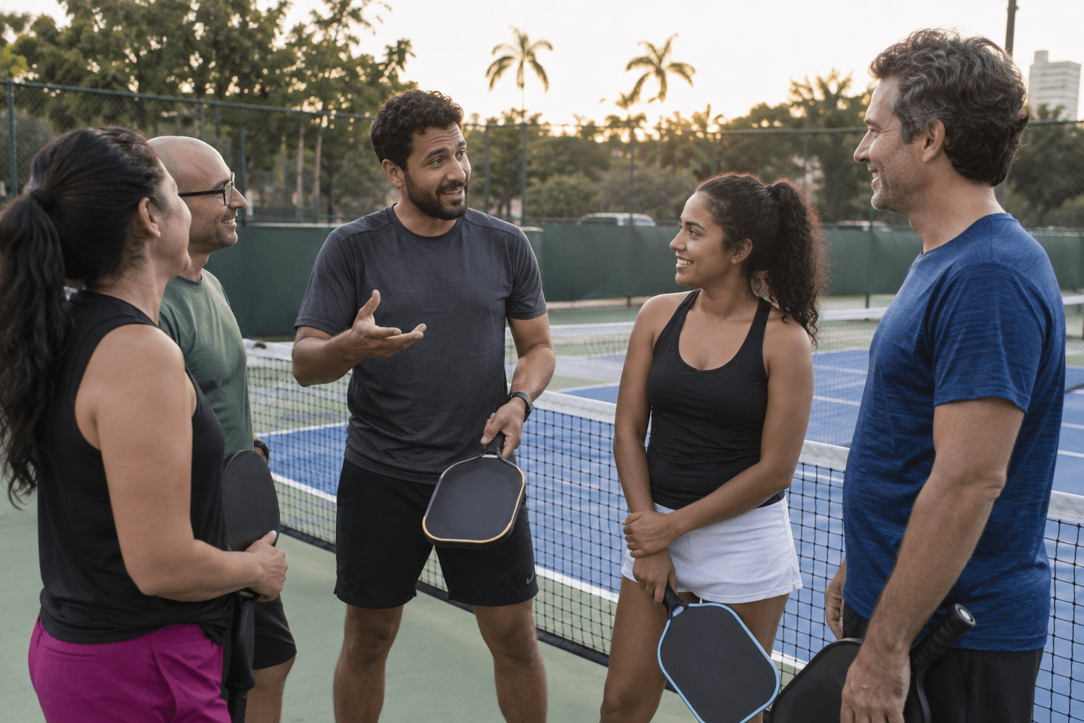 Jogadores recreativos de pickleball conversam junto a uma quadra ao ar livre antes de uma partida